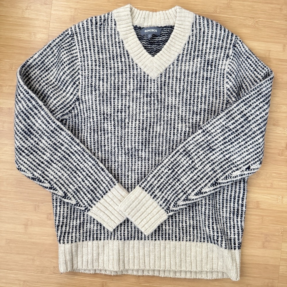 BONOBOS Merino Wool Linen Blend Striped V Neck‎ Sweater Size XL Preppy Casual